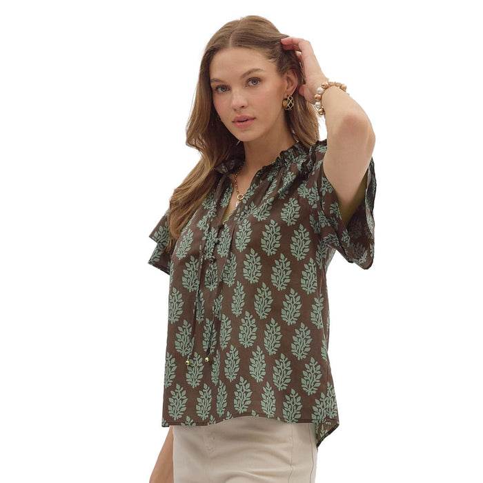 Entro Women's Brown Print Ruffle Sleeve Top