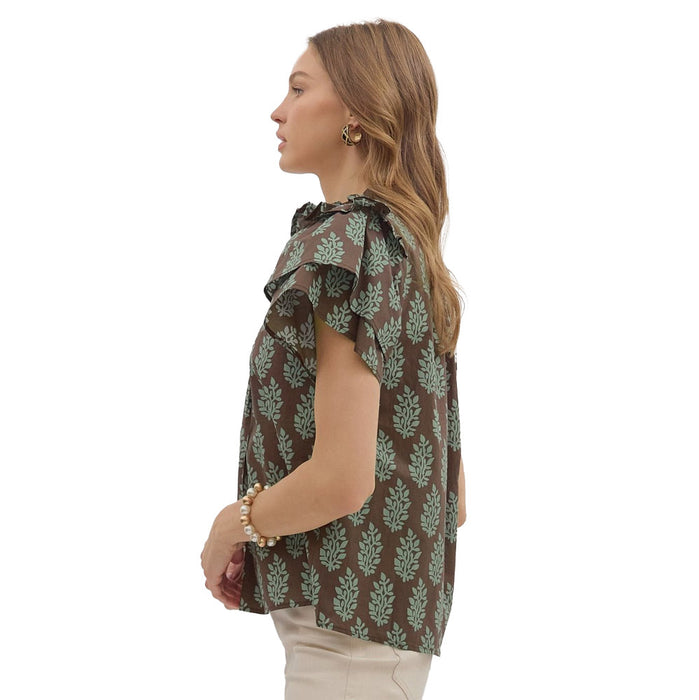 Entro Women's Brown Print Ruffle Sleeve Top