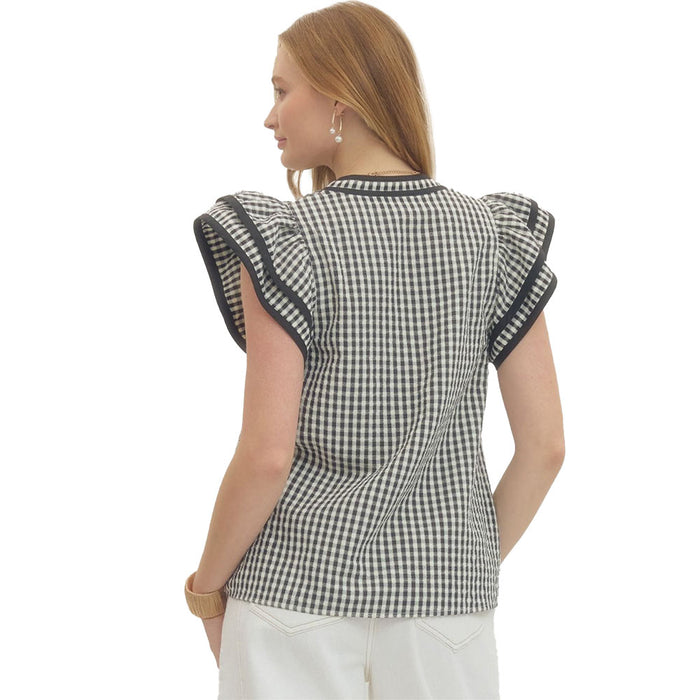 Entro Women's Black Gingham Flutter Sleeve Top