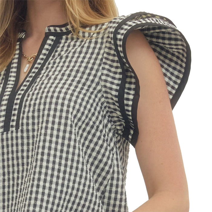 Entro Women's Black Gingham Flutter Sleeve Top