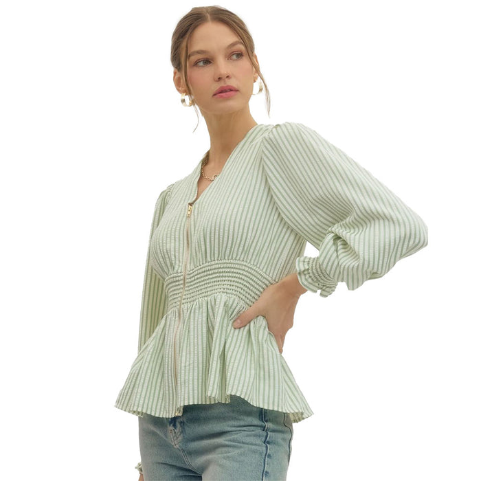 Entro Women's Sage Stripe Zip Up Top