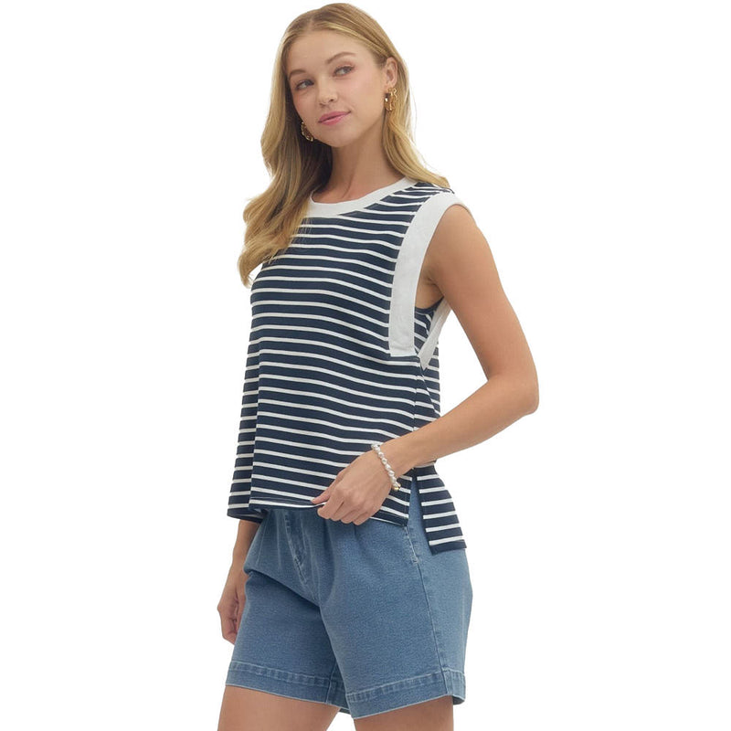 Entro Women's Navy Striped Sleeveless Top