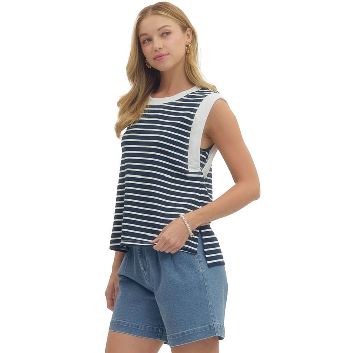 Entro Women's Navy Striped Sleeveless Top