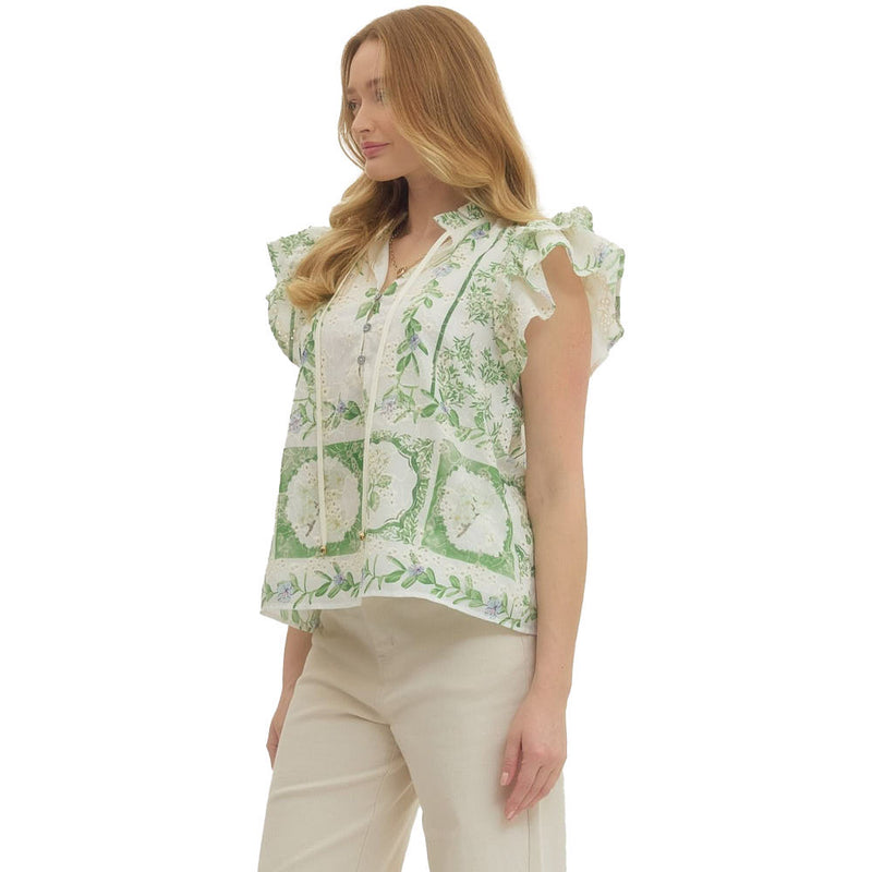 Entro Women's Green Floral Flutter Sleeve Top