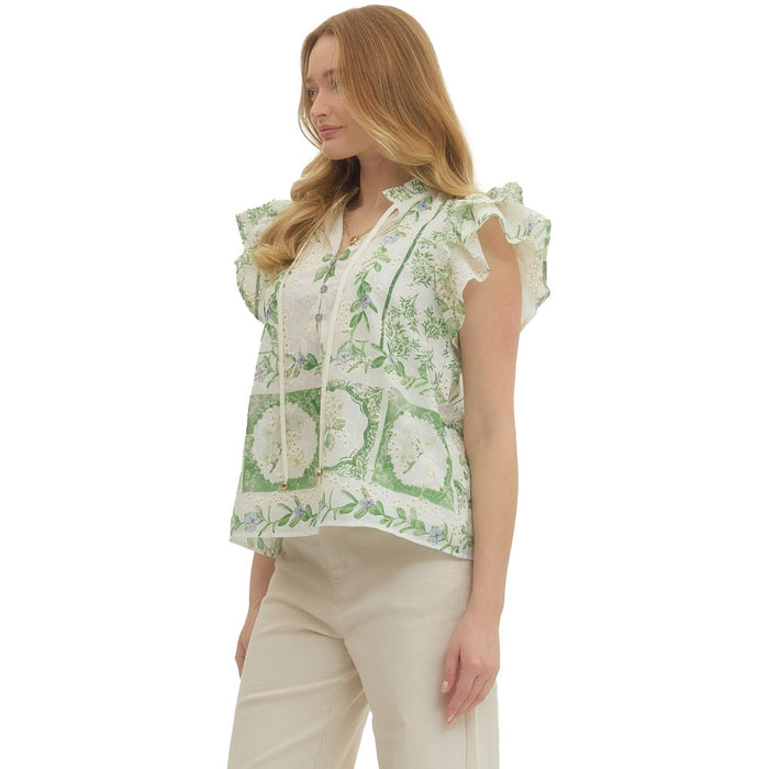 Entro Women's Green Floral Flutter Sleeve Top