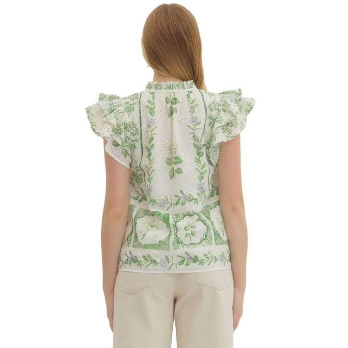 Entro Women's Green Floral Flutter Sleeve Top