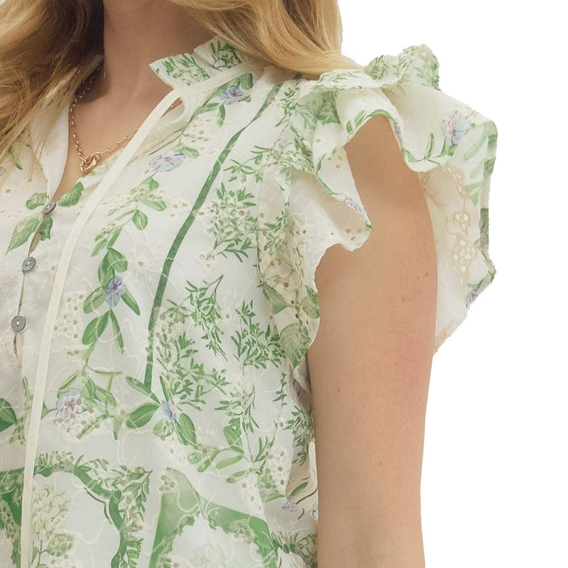 Entro Women's Green Floral Flutter Sleeve Top