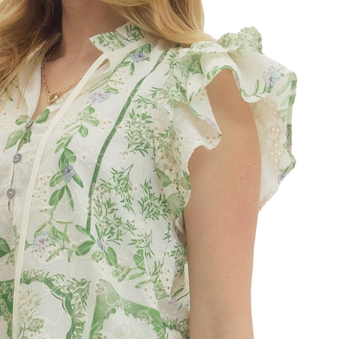 Entro Women's Green Floral Flutter Sleeve Top