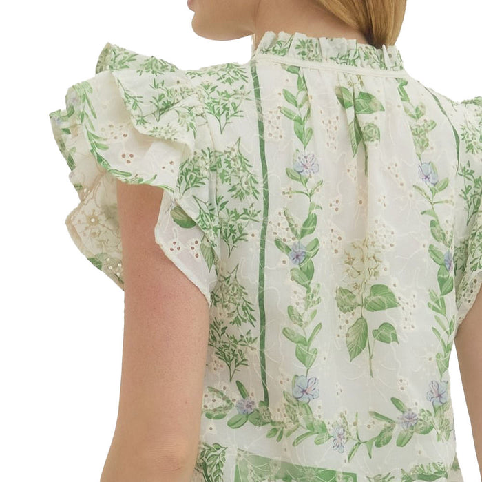 Entro Women's Green Floral Flutter Sleeve Top