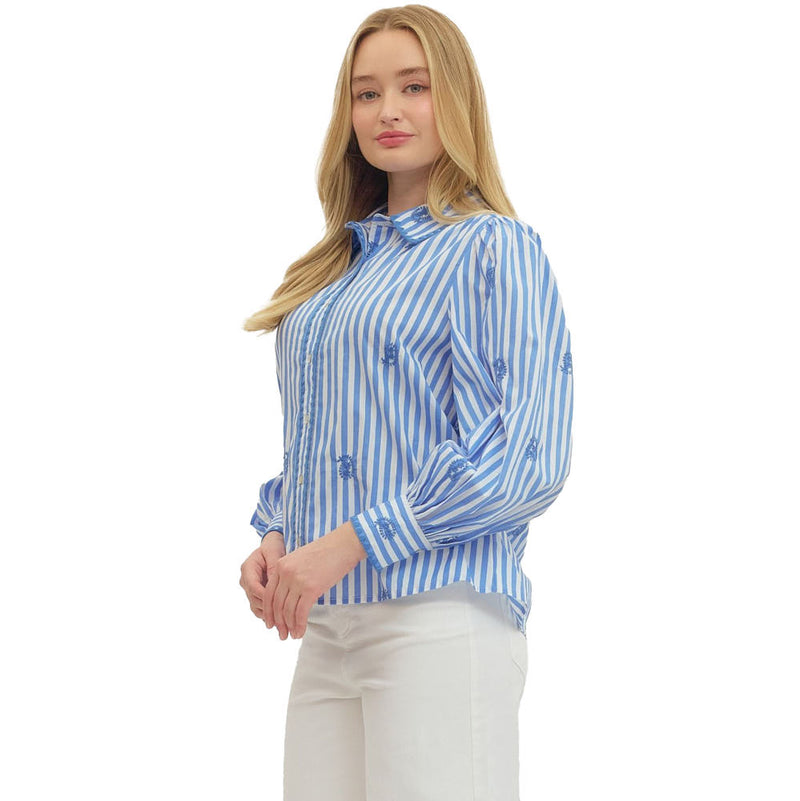 Entro Women's Blue Striped Embroidered Top