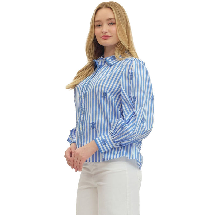 Entro Women's Blue Striped Embroidered Top