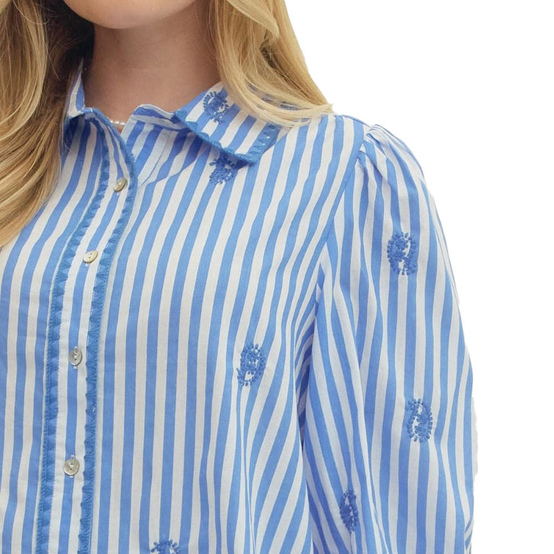 Entro Women's Blue Striped Embroidered Top