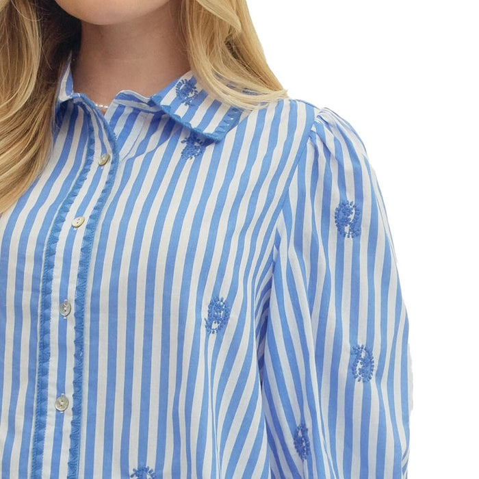 Entro Women's Blue Striped Embroidered Top