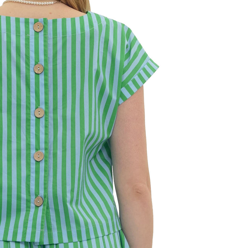 Entro Women's Green Sky Striped Button Back Top