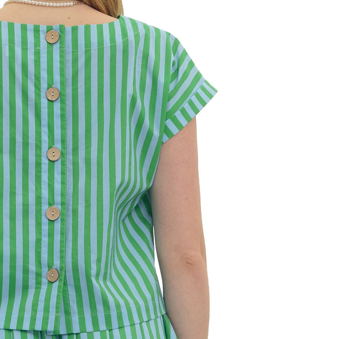Entro Women's Green Sky Striped Button Back Top