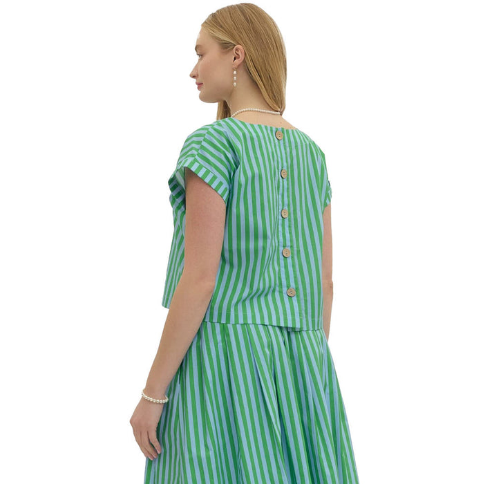 Entro Women's Green Sky Striped Button Back Top