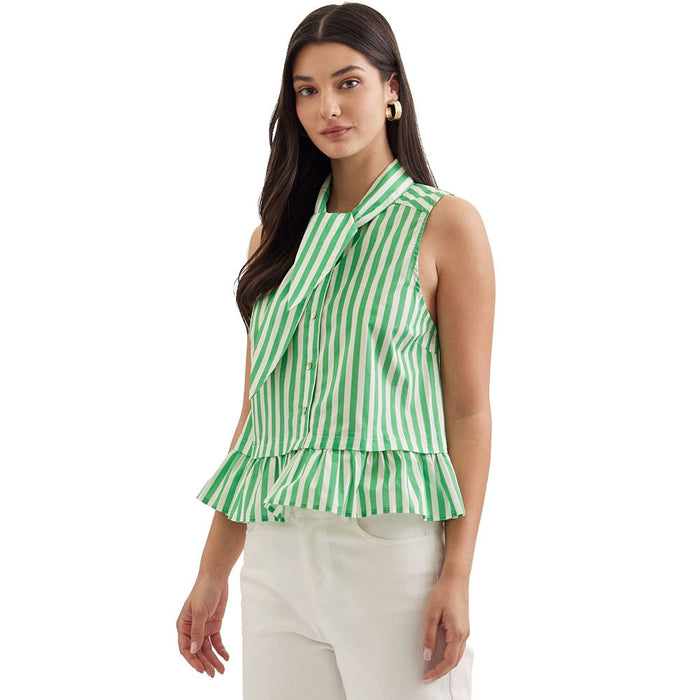 Entro Women's Green Striped Tie Neck Top