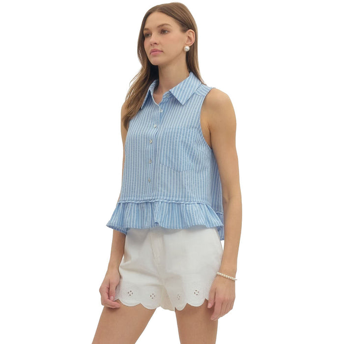 Entro Women's Blue Striped Button Sleeveless Top