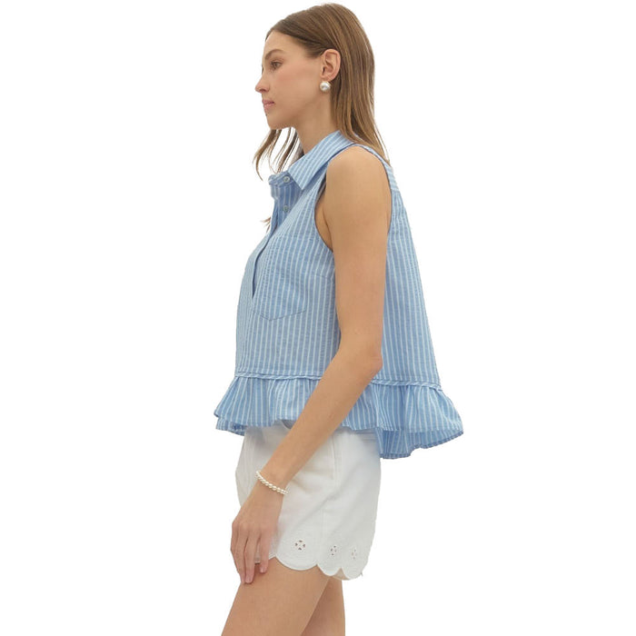 Entro Women's Blue Striped Button Sleeveless Top