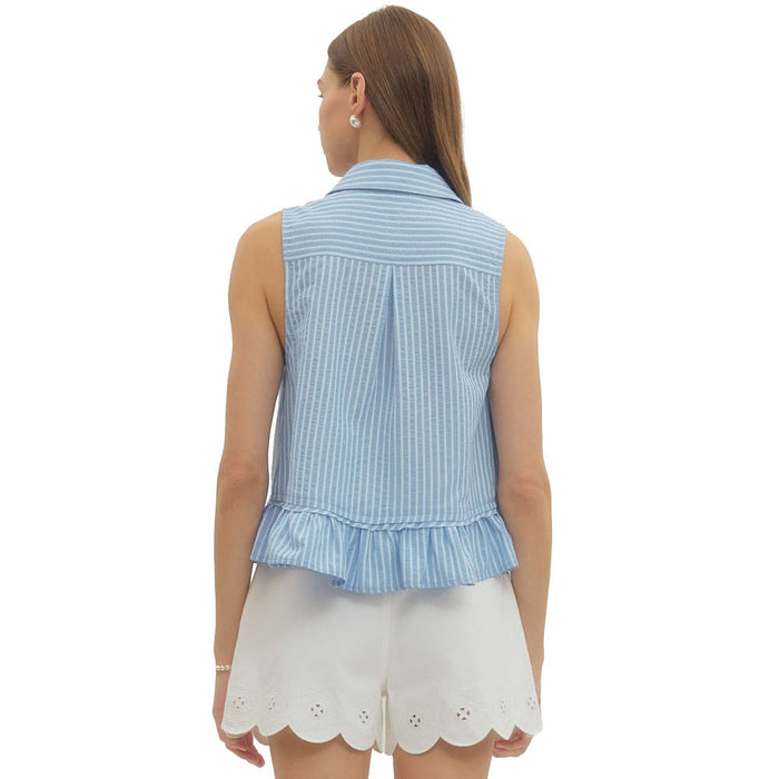 Entro Women's Blue Striped Button Sleeveless Top