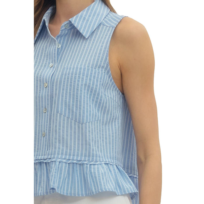 Entro Women's Blue Striped Button Sleeveless Top