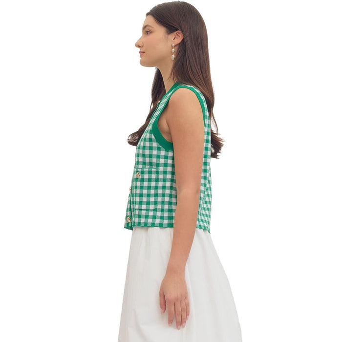 Entro Women's Green Gingham Sleeveless Top