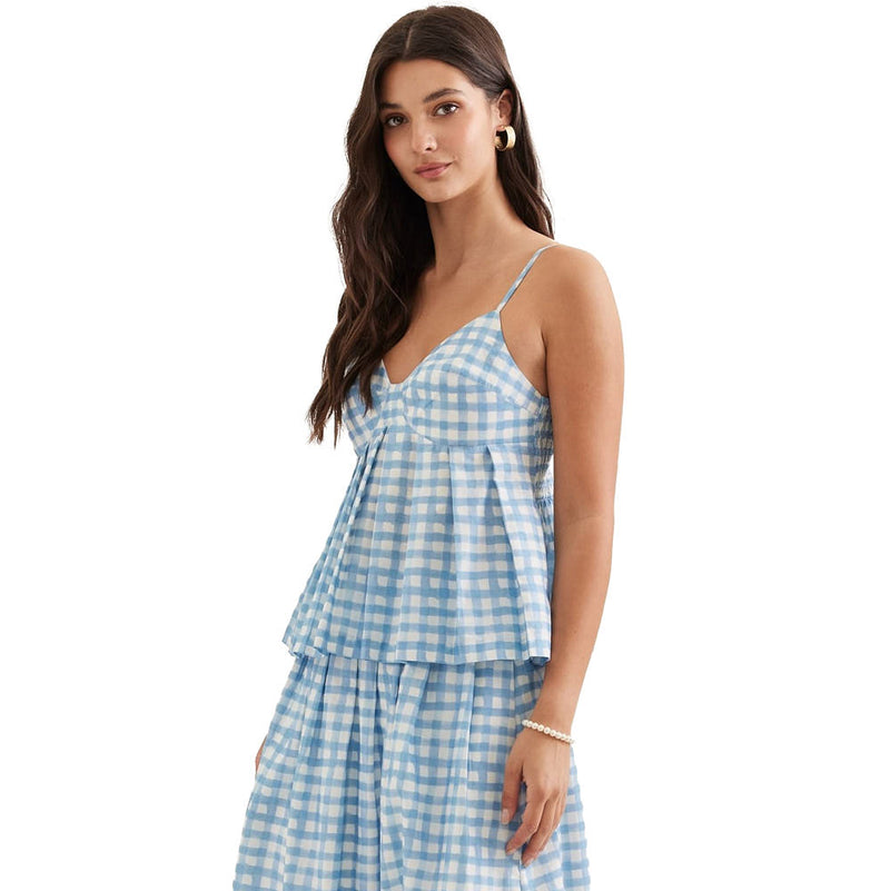 Entro Women's Blue Gingham Pleated Top