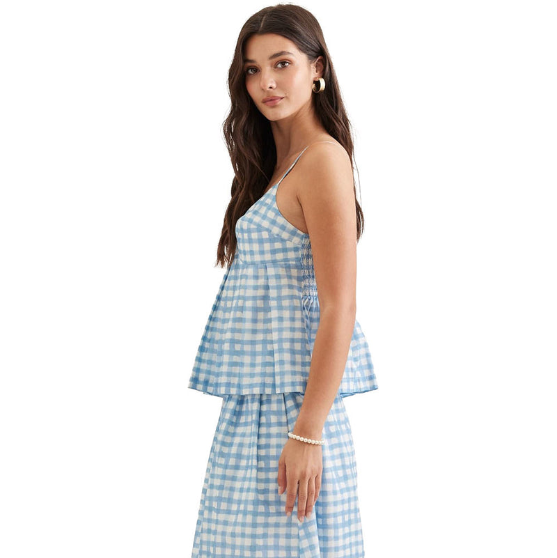 Entro Women's Blue Gingham Pleated Top
