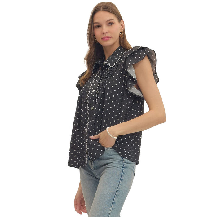 Entro Women's Black Polka Dot Flutter Sleeve Top