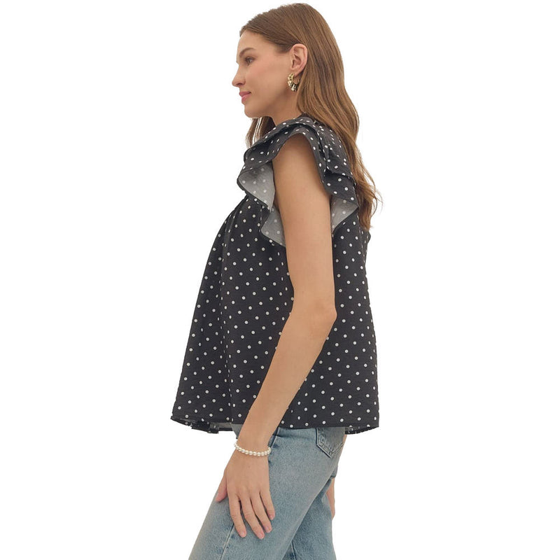 Entro Women's Black Polka Dot Flutter Sleeve Top