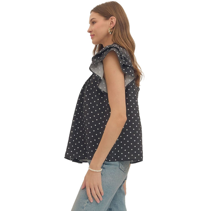 Entro Women's Black Polka Dot Flutter Sleeve Top
