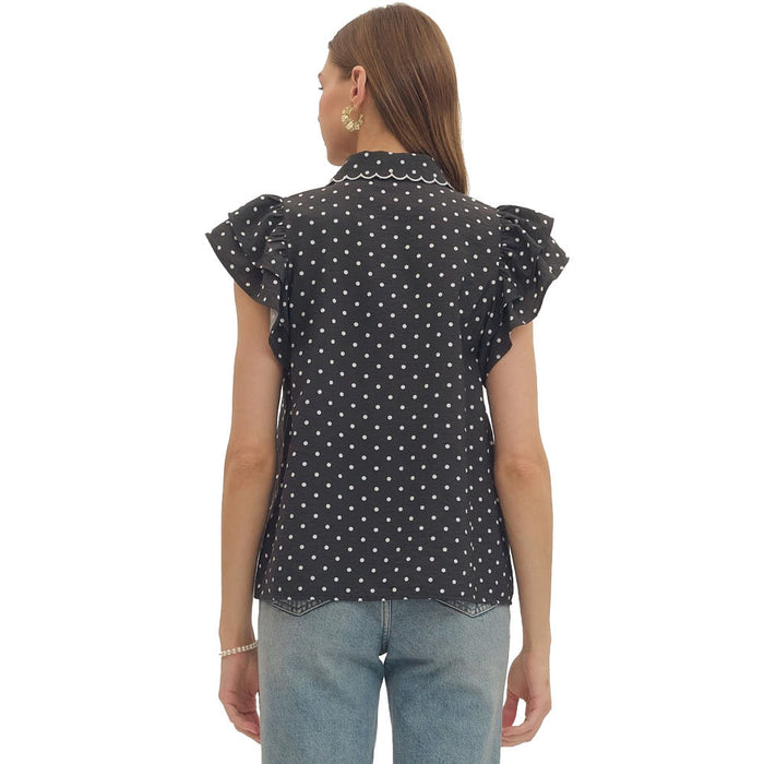 Entro Women's Black Polka Dot Flutter Sleeve Top