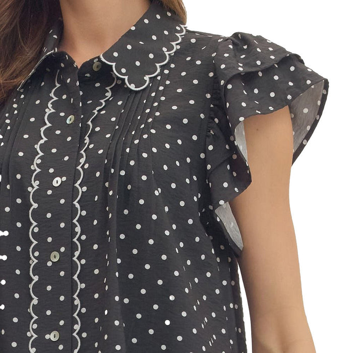 Entro Women's Black Polka Dot Flutter Sleeve Top