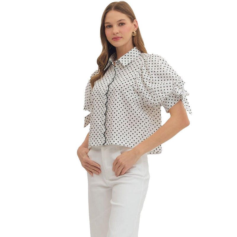 Entro Women's Black Dot Bow Sleeve Top