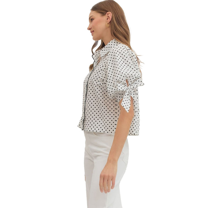 Entro Women's Black Dot Bow Sleeve Top
