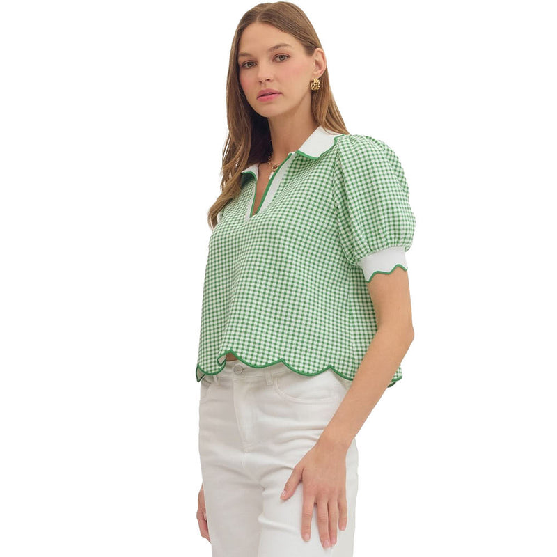 Entro Women's Green Gingham Puff Sleeve Top