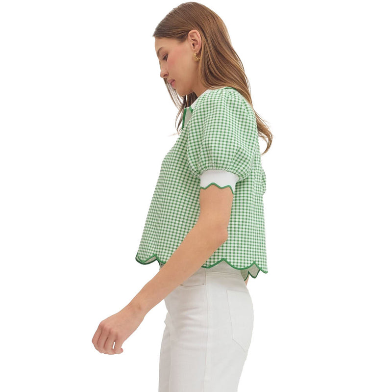 Entro Women's Green Gingham Puff Sleeve Top