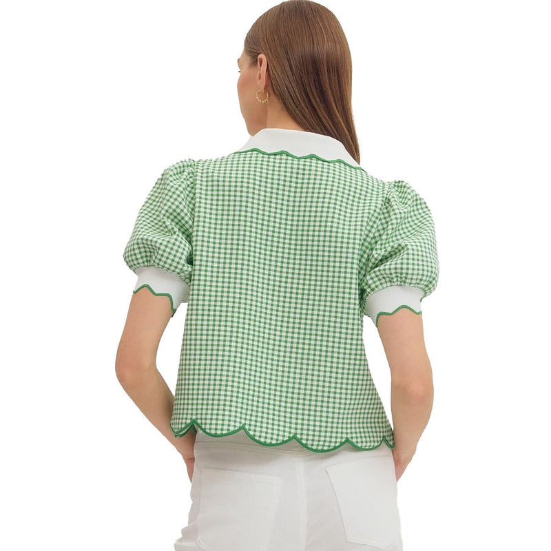 Entro Women's Green Gingham Puff Sleeve Top