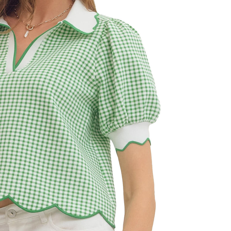 Entro Women's Green Gingham Puff Sleeve Top
