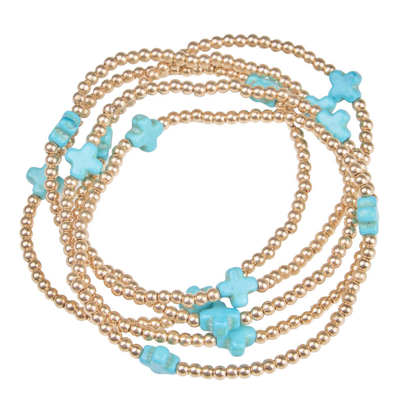 NRS Gold & Turquoise Cross Beaded Stretch Bracelet