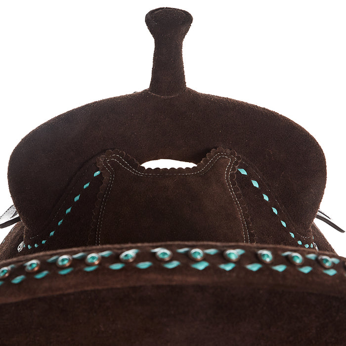 Tomahawk 13.5 Inch Chocolate Roughout Barrel Saddle with Turquoise Buckstitch an