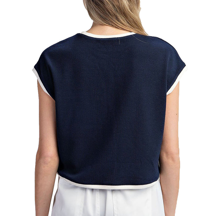 Ee Some Women's Navy Slveless White Trim Sweater