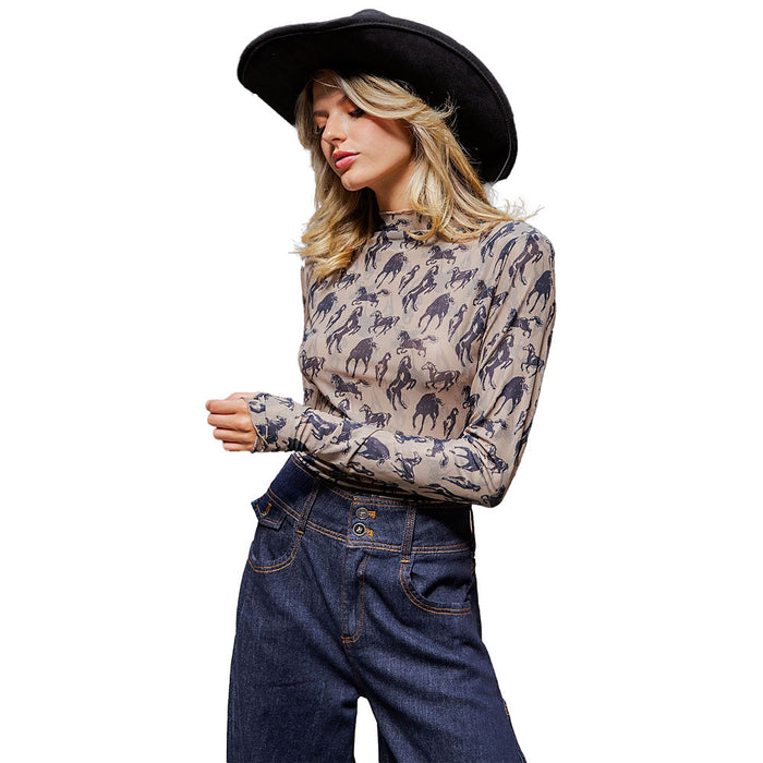 Ee Some Women's Taupe Western Horse Mesh Top