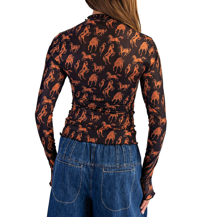 Ee Some Women's Black Horse Print Mesh Top
