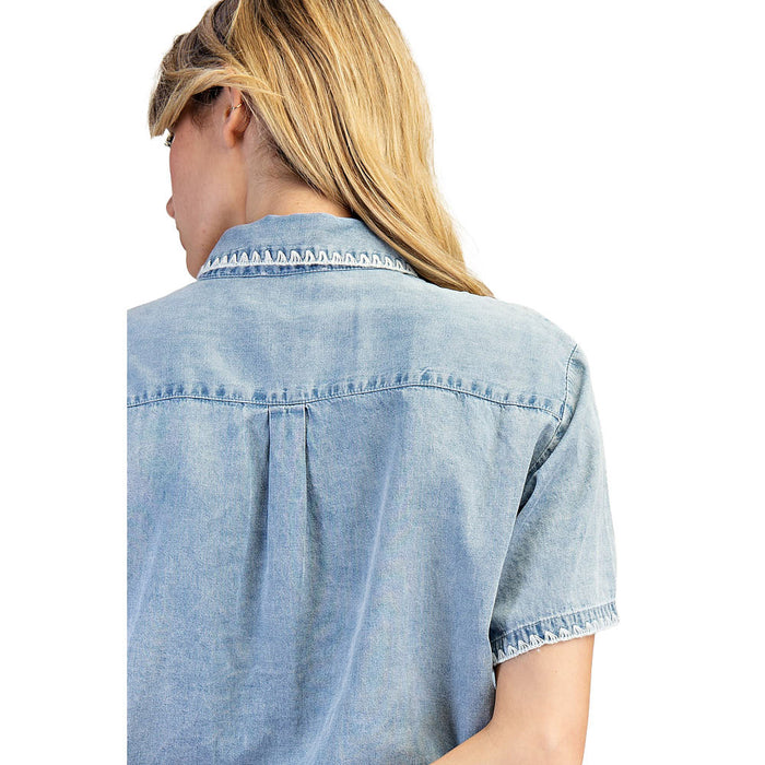 Ee Some Women's Denim Zigzag Trim Blouse