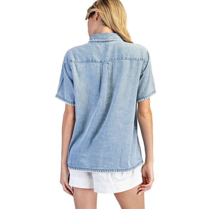 Ee Some Women's Denim Zigzag Trim Blouse