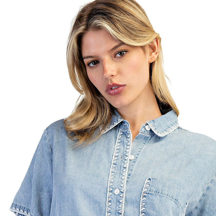 Ee Some Women's Denim Zigzag Trim Blouse
