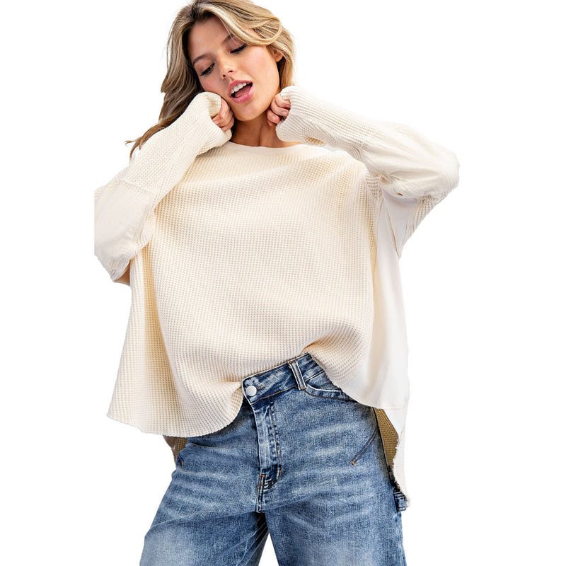 Ee Some Women's Butter Cream Waffle Knit Contrast Top