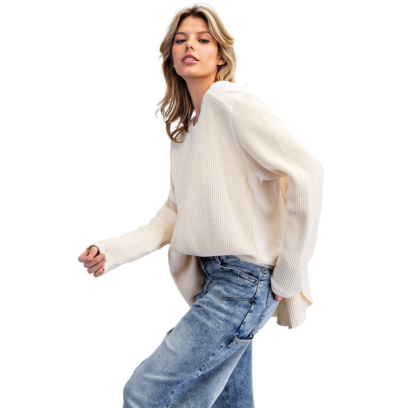 Ee Some Women's Butter Cream Waffle Knit Contrast Top
