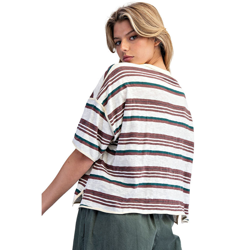 Ee Some Women's Forest Cream Striped Boxy Tee Shirt